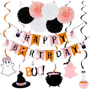 Pink and Black Swirls Happy Birthday Banner for Girls' Halloween Party