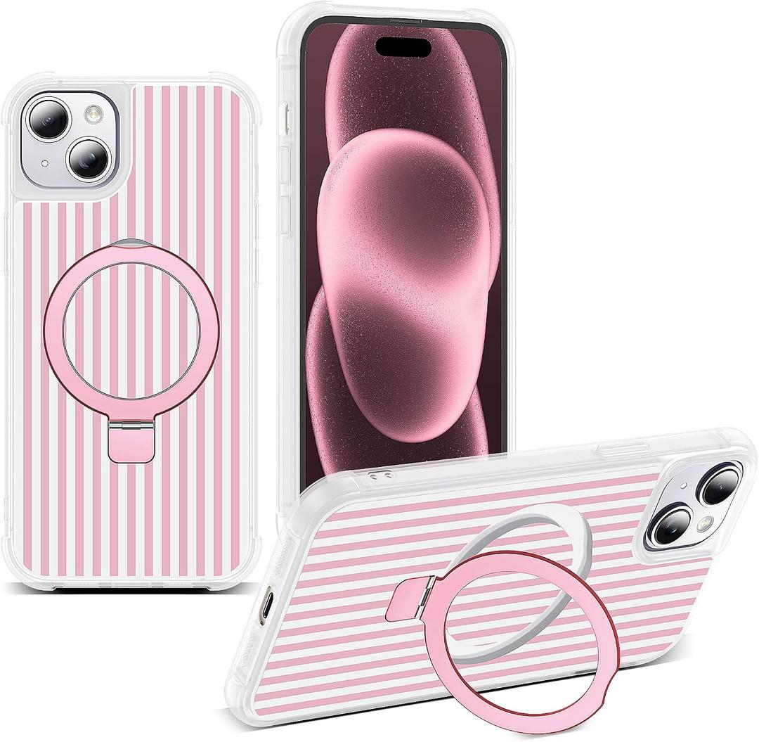 Compatible with Striped iPhone 15 Case with Stand,6.1" T-Pink