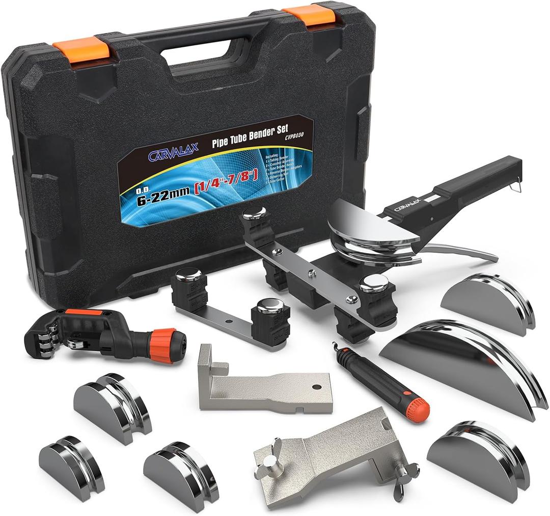 Aluminum Pipe Tube Bender Set with 7 Electroplated Bender Heads, for 1/4 to 7/8 O.D, 90 Ratcheting Tubing Bender w/Reverse Bending Adapters, for HVAC, Air Conditioning, and Hydraulic Work