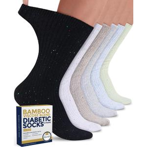 Pembrook Ribbed Knit Bamboo Viscose Diabetic Socks - 6 Pairs Crew Neuropathy Socks for Women | Diabetic Socks for Women