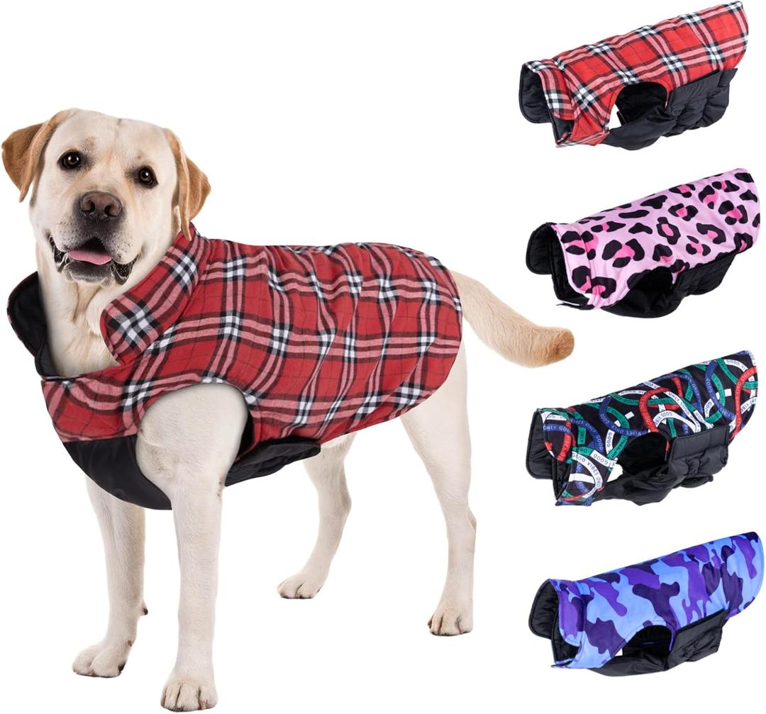 CuteBone Winter Dog Coat - Waterproof Windproof Reversible Vest, Thick Adjustable Cold Weather Jacket for Large Dogs, Soft with Leash Hole (1-Red Plaid)