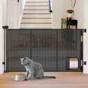 Reinforced 60 Wide Retractable Baby Gate with Cat Door 33 Tall Retractable Pet Gates with Reinforced Strips Mesh Dog Gate with Cat Door Mesh Gates for Kids or Pets Cats Can in and Out Freely, Black