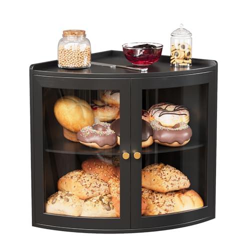 Trironsun Bamboo Corner Bread Box for Kitchen Counter with Acrylic Transparent Door Large Capacity Bread Holder Double Layer Bread Storage Container for Homemade Bread (Black)