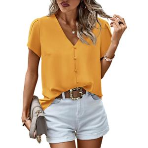 PRETTYGARDEN Short Sleeve Tops for Women 2025 Summer Spring Western Chiffon Blouses Dressy Casual Work Pearl Shirts (Small, Yellow)