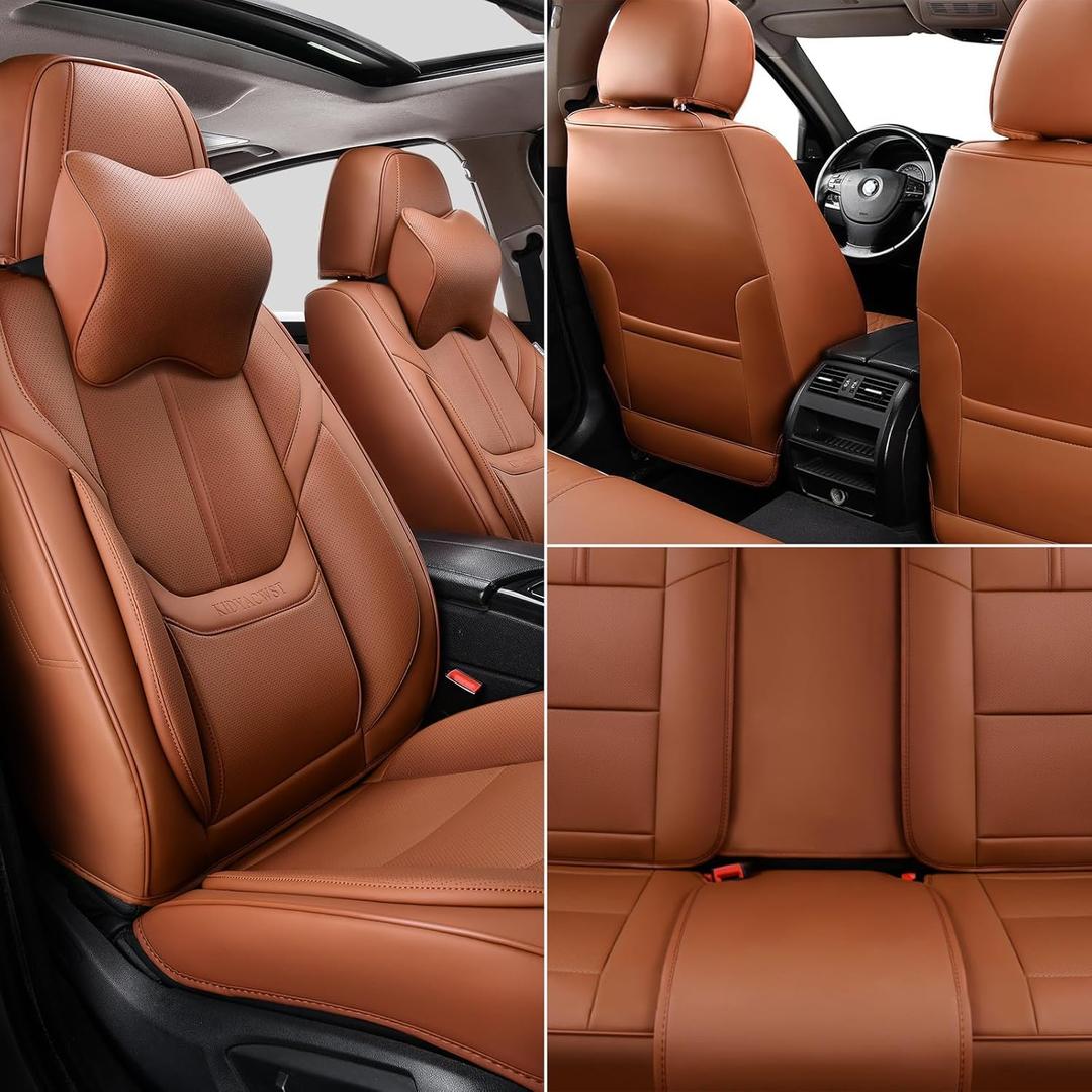 Auto Car Seat Covers Accessories Full Set Leather Cushion Protector Breathable Waterproof Seat Cover for Cars Universal Fit (Brown, Front Pair and Rear)