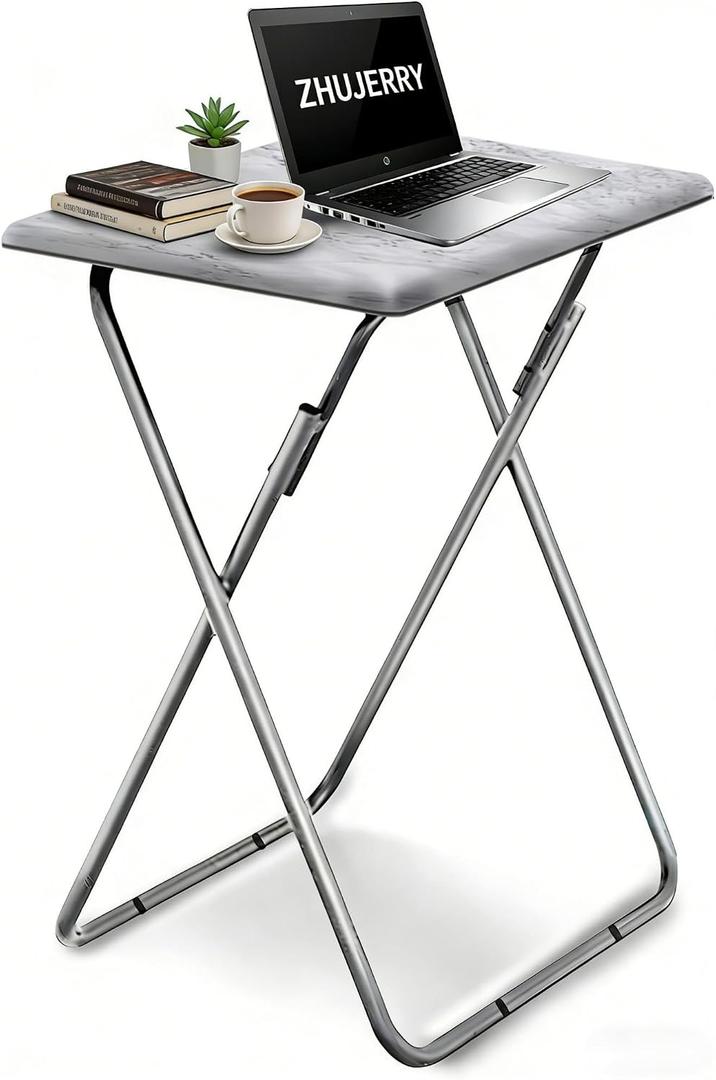 Tv Trays Folding Tv Table, Dinner Table for Eating with Sturdy Metal Frame, Small Foldable Snack Trays Table for Living Room, Couch,Sofa, Bed, No Assembly Required (White Marble)