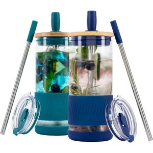 Pandaloo Glass Cups With Lids and Straws -20 Fl Oz- Perfect Size Iced Coffee Cup - Smoothie Cup With Bamboo Lid and On the go Lid - Glass Tumbler (2 Count (Pack of 1), Intense Teal-Galactic Blue)