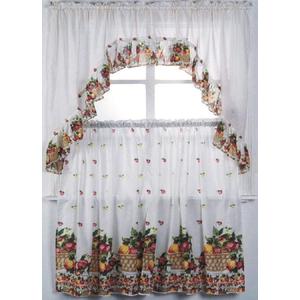 Diamond Home Linens 3PC Printed Kitchen Curtain Tiers and Swag Valance 36" Long Set (Multicolor/Fruit Basket)