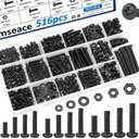 smseace 516Pcs Black Nuts and Bolts Assortment Kit 21-Sizes M3/M4/M5/M6 Nut Bolt Washer Assortment Kit for Machinery, Furniture, Automotive, Motorcycle Repairs