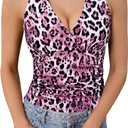 WDIRARA Women's Leopard Print Ruched Halter Crop Tops V Neck Tie Back Sleeveless Slim Fit Cami Tops (X-Large, Pink)