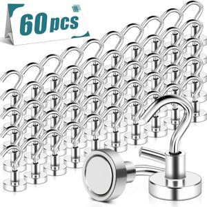 MAGXCENE 60 Pack Magnetic Hooks Heavy Duty, 25 lbs Strong Earth Magnet Hooks for Hanging, Cruise, Refrigerator, Extra Strong Neodymium Magnets with Hooks for Grill Kitchen Tool Storage (Silver)