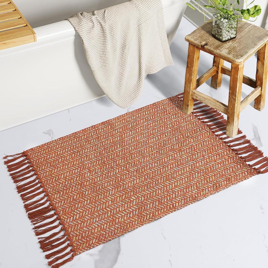 Lahome Boho Fall Kitchen Rug, 2x3 Bathroom Rug Lightweight Indoor Door Mats for Entryway Small Cotton Area Rug with Tassels, Farmhouse Washable Throw Rugs Low Pile Carpet for Bedroom (Rust/Multi)
