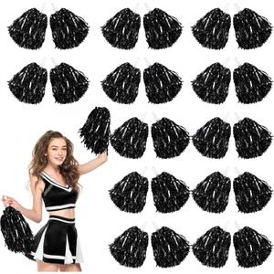 24 Pcs Cheerleading Pom Poms, Metallic Foil Handle Cheer Squad Team Spirited Fun for Party, Sports Dance Cheer, 30 Grams Weight Each (Black)