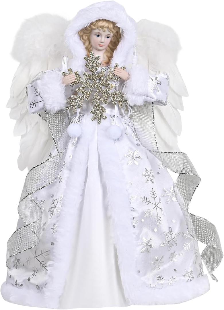 Lighted Angel Tree Topper, 14" Angel Christmas Tree Topper Lights with Snowflake, Battery Operated LED Tree Topper for Xmas Tree Top Decor Holiday New Year Home Ornament (White)