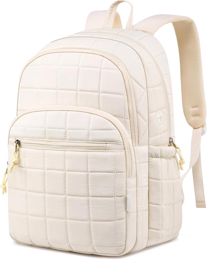 Laptop Backpack for Women College Travel,Quilted Daypack Bookbag for School Teen Girls Mochilas Mujer,Beige (15,6 inch)
