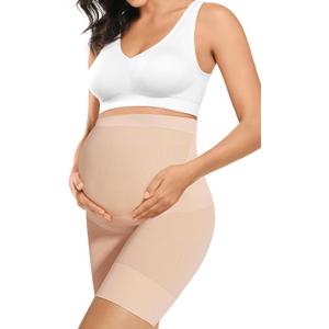 Baby Bump Premium Maternity Shapewear, High Waisted Mid-Thigh Pregnancy Underwear Prevent Chaffing Soft Adominal Support (Medium, Nude)