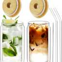 LIBWYS 12oz Double Wall Drinking Glass Cups with Bamboo Lids and Straws, 2 Pc Set  Condensation Resistant Insulated Glass Can Tumblers for Cold Drinks, Iced Coffee, Tea, Juice, Cleaning Brush