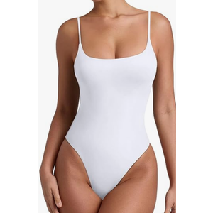 REORIA Women Sexy Cami Square Neck Thong Bodysuit Backless Spaghetti Strap Tank Top, Size Small, Color White