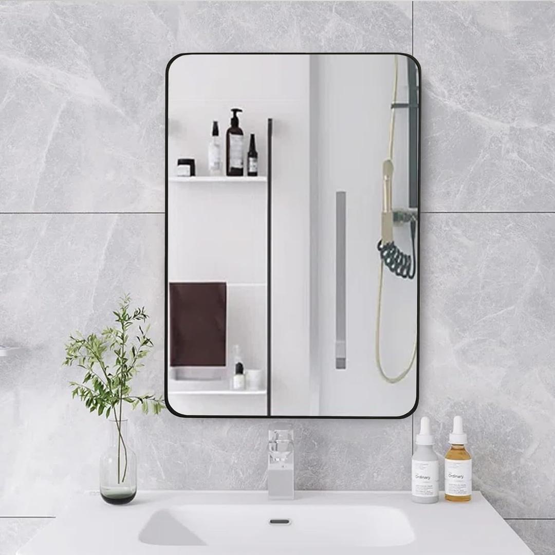 20x30 Inch Black Framed Bathroom Mirror, Rounded Corner Rectangle Mirrors for Wall with Tempered Glass Anti-Rust, Shatterproof (Horizontal/Vertical Hanging)