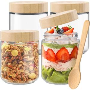 16 OZ Overnight Oats Containers with Lids 4Pcs Glass Storage Jars for Snack Yogurt Wide Mouth Mason Jars with Bamboo Lids for Food Grain Storage