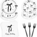 96 Pcs Black Bow Birthday Decorations, Elegant Black and White Plates Napkins Forks for 24 Guests, Minimalist Bow Tableware Set Party Supplies for Women Girls