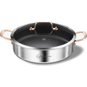 LOLYKITCH 6 Quarts Hybrid Tri-Ply Stainless Steel Saut Pan with Lid,Induction Large Skillet, Jumbo Cooker,Dishwasher & Oven Safe