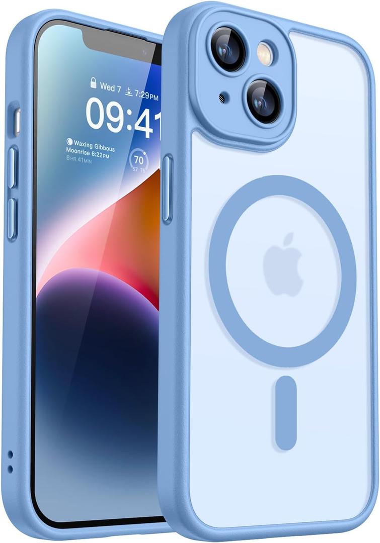 CANSHN Magnetic for iPhone 14 Plus Case, Upgraded [Full Camera Protection] [Compatible with Magsafe] [Translucent Matte] Shockproof Protective Phone Case for iPhone 14 Plus 6.7" - Light Blue