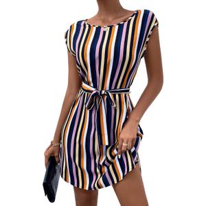 WDIRARA Women's Belted Cap Sleeve Striped Dress Casual Short Dresses (L)