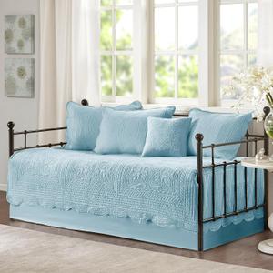 Madison Park Daybed Cover Set Damask Quilted Cover for Daybeds, All Season, Pre-Washed Cotton-Filled Coastal Bedding with Scallop Edge, Shams, Bedskirt, Dcor Pillows, Tuscany, 39"x75", Blue 6 Piece, 75"x39"