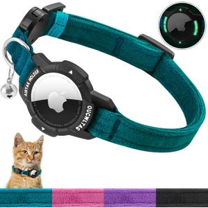 Luminous AirTag Cat Collar Breakaway, OUCWLTAG GPS Cat Collar with Apple Air Tag Holder, Cat Tracker Collars with Safety Elastic Band for Girl Boy Cats, Kittens and Puppies (Blue, 9-13 Inch)