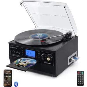 DIGITNOW 9-in-1 Record Player with Stereo Speaker, 3-Speed Turntable for Vinyl, CD/Cassette Player, Bluetooth, USB/SD Playback, AM/FM Radio, Aux-in, Remote Control (Black)