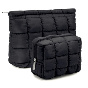 Huhumy Travel Toiletry Bag, Puffy Checkered Makeup Bag for Women, Large Quilted Wide-open Lightweight Cosmetic Organizer with Handle for Accessories, Essentials, Toiletries (Black)