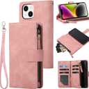 RANYOK Wallet Case Compatible with iPhone 13 Pink | 6.1 inch, Premium PU Leather, Zipper, Flip Folio, Wallet, RFID Blocking, with Wrist Strap, Magnetic Closure, Built-in Kickstand, Protective Case