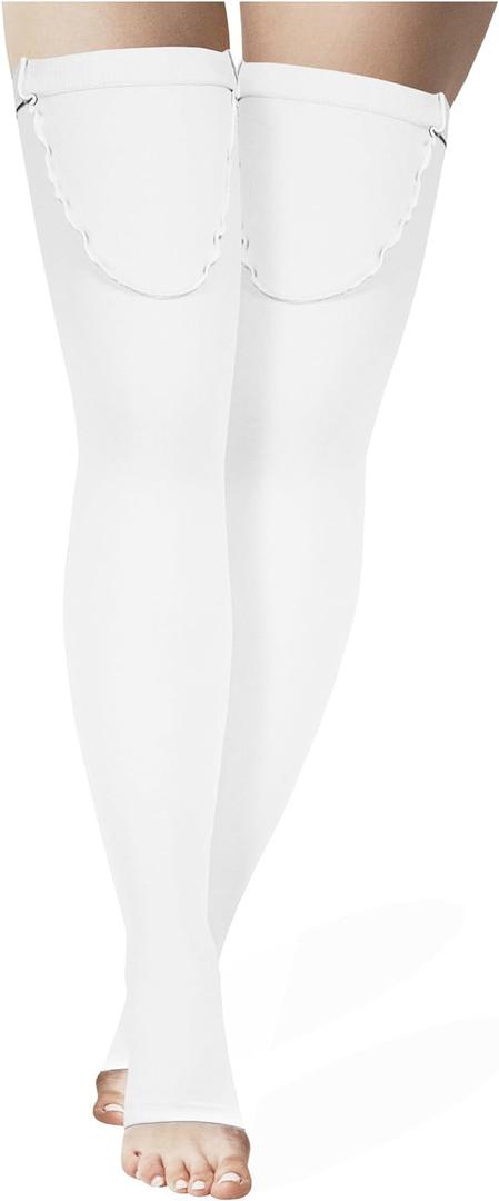 Truform Anti Embolism Stockings, Thigh High Post Surgery Recovery Hospital Style, 18 mmHg Compression for Men and Women, Full Length Ted Hose, Open Toe, White, Large (Large (1 Pair))