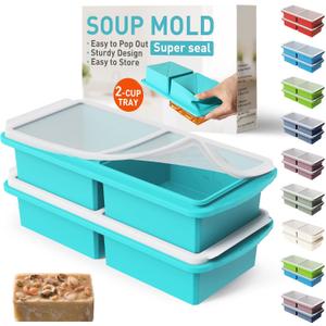Silicone Freezer Tray with Lid Soup Freezer Container Molds with Steel Reinforced Rim Ice Cube Freezer Molds for Soup, Sauce, Leftovers, Homemade Meal Prep Containers Portion Control Food Storage