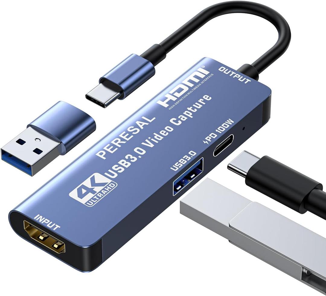 USB 3.0 Video Capture Card with PD 100W and USB3.0 Port, Streaming Game Recording 4K, 60FPS, HDMI to USB-A/USB-C Capture Card for Quest 3, Switch, PS5/4, Camera, Xbox, Tablet PC