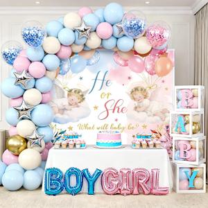 Angel Gender Reveal Balloon Boxes Decorations, 158pcs pink and blue balloons Garland Arch Kit Baby Boxes with Letters for Gender Reveal Birthday Baby Shower Decorations