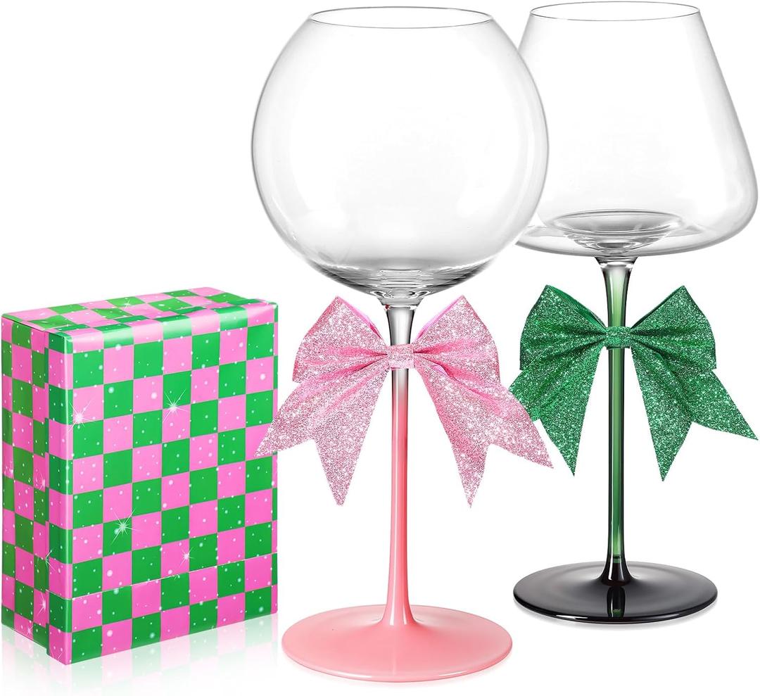 Honeydak 5 Pcs 18 oz Witch Pink Green Crystal Wine Glass Set Includes 2 Theme Wine Glass 2 Glitter Bows and 1 Designed Wrapping Paper for BFF Couples Witch Lover Musical Play & Movie Lovers Gift