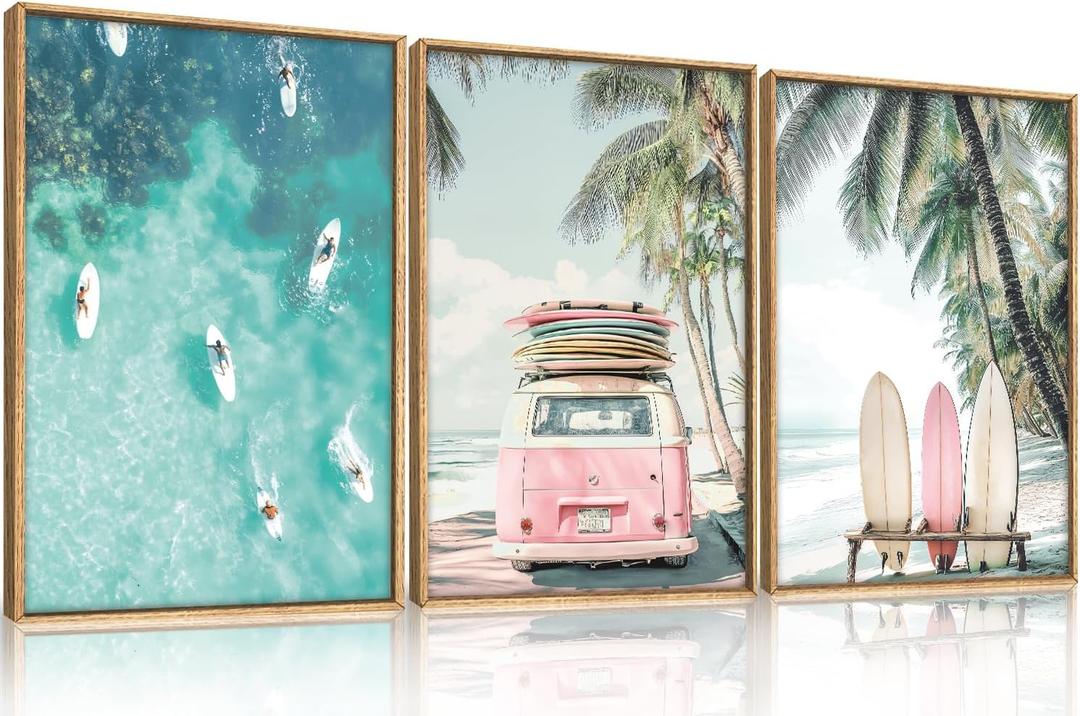 HOURIA Summer Surfboard Beach Framed Canvas Wall Art Set,Modern Ocean Surfing Seascape Wall Decor,Coastal Bus Coconut Tree Wall Painting,Nature Botanical Art Prints for Living Room, Bedroom-24 x36 x3