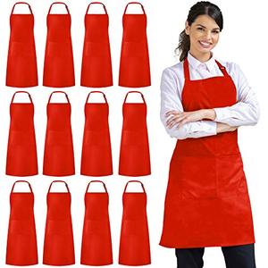 Syntus 12 Pack Bib Apron, Unisex Aprons Adjustable Waterdrop Resistant with 2 Pockets Cooking Kitchen Apron for Chef, BBQ Drawing Apron Bulk, Red