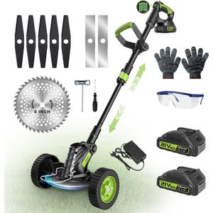 Weed Wacker Cordless, Gisam Brushless String Trimmer with 2 X 2.0Ah Battery, 8" Electric Grass Cutter, 3 in 1 Weed Eater with 3 Types Blade & Wheels for Garden/Lawns