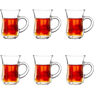 Turkish Tea Glasses With Handle - Tea Cups Set of 6 - Slim Waist Thick Sole Tea Glass for Hold Cold Drinks, 5 oz / 150ml (Clear)