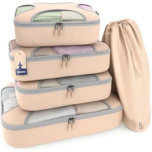 Shacke Premium 5 Packing Cubes Set - Lightweight Mesh Travel Luggage Organizers with Laundry Bag, 5-Piece Suitcase Storage System (Nude Beige)