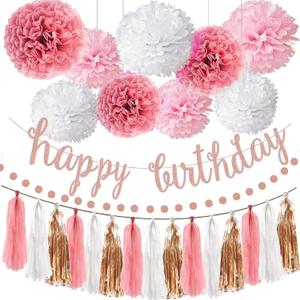 Pink Rose Gold Birthday Party Decorations Set, Rose Gold Glittery Happy Birthday Banner, Tissue Paper, Circle Dots Garland and Tassel Garland for Birthday Party Decorations