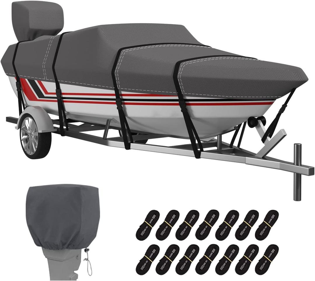 VINPATIO Trailerable Boat Cover, 600D Solution-Dyed Bass Boat Cover, 14-16 ft Heavy Duty 100% Waterproof Boat Covers Fits V-Hull Runabout Fishing Ski Pro-Style Bass Boats, Beam Width up to 90"