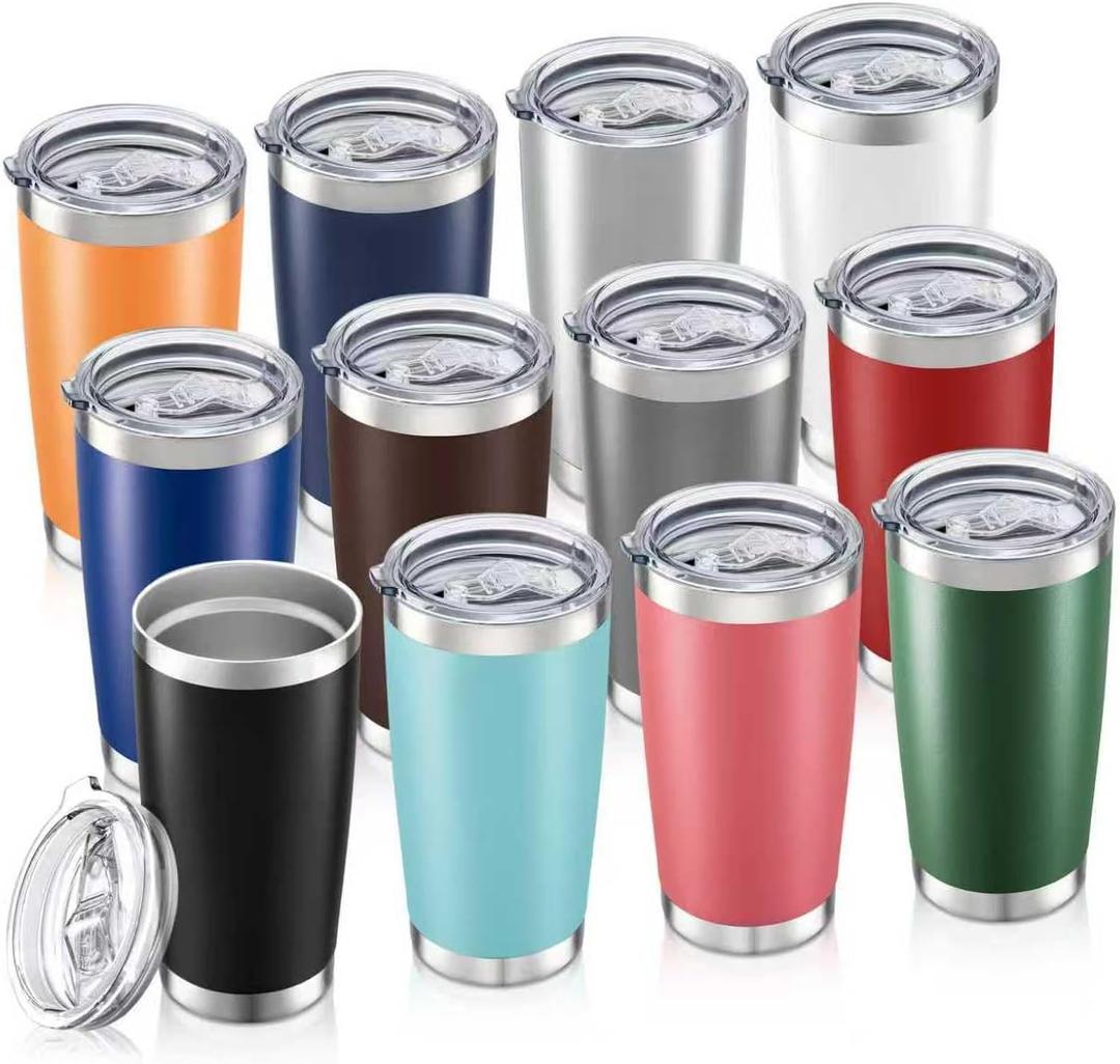 20oz Tumbler Bulk with Lid Stainless Steel Tumblers, 12 Pack | Leak Proof Lid, Double Wall & Vacuum, Powder Coated, Fit Most Car Cup Holders, for Cold and Hot Drinks, Mix