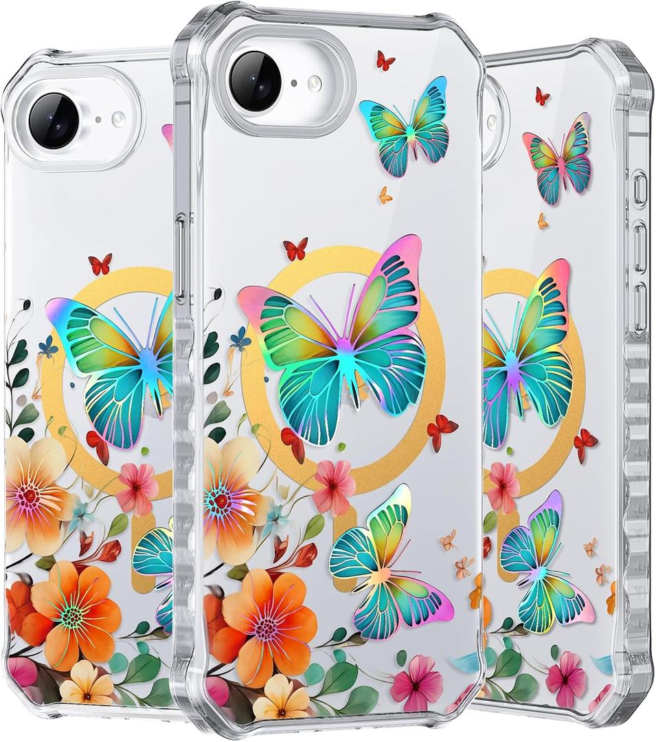 PIXIU Case for iPhone 16E Compatible with Magsafe, Laser Glossy Pattern,Cute Curly Wave Clear TPU Bumper Military Grade Drop tection Phone Cover for Women/Girls -Butterfly/Floral