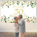 Vlipoeasn Elegant White 50th Anniversary Backdrop, Polyester, Rose Gold Peony Design, Included Rope, for Couple Surprise, Wedding Supplies