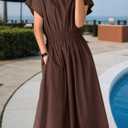 Sleeveless V Neck Midi Dress for Women Casual Summer Solid Smocked Waist A Line Flowy Dresses with Pockets (M)