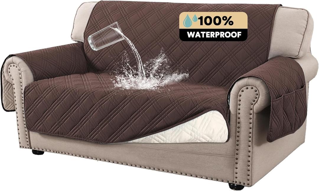 PrinceDeco 100% Waterproof Loveseat Covers for 2 Cushion Couch Sofa Covers Waterproof and Washable Sofa Slipcover with Side Pocket Furniture Protector with Elastic Straps(Loveseat 48", Brown)